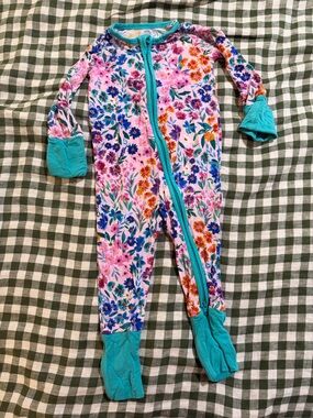 Little Sleepies Floral Print Teal-Trim Kids One-Piece Pajamas